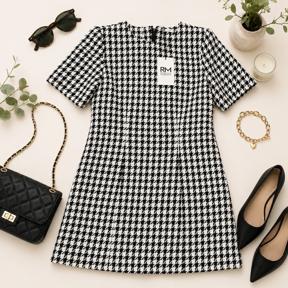 Rebecca Minkoff Houndstooth Short Sleeve Shift Mini Dress Black White NWT Size S